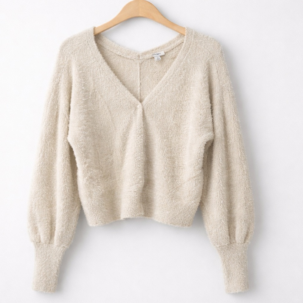 ON 34th Metallic Gold  Fuzzy Eyelash Sweater Ivory M Shimmer Soft Cozy Short